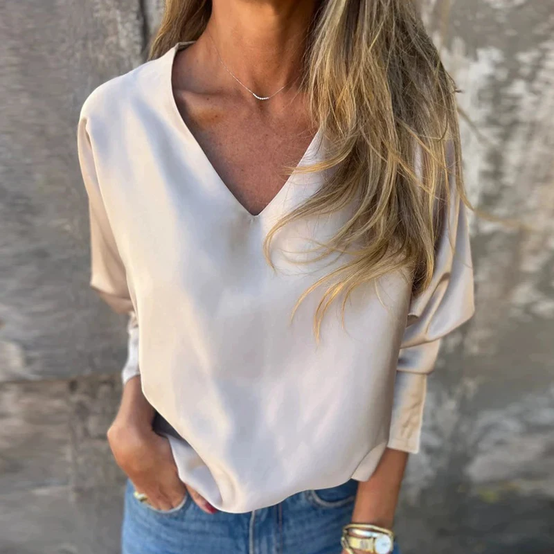 

Fashion Solid Color Loose Pullover Satin Blouse Women Long Sleeve Stylish Sexy V-Neck Long Sleeve Shirt Elegant Tops