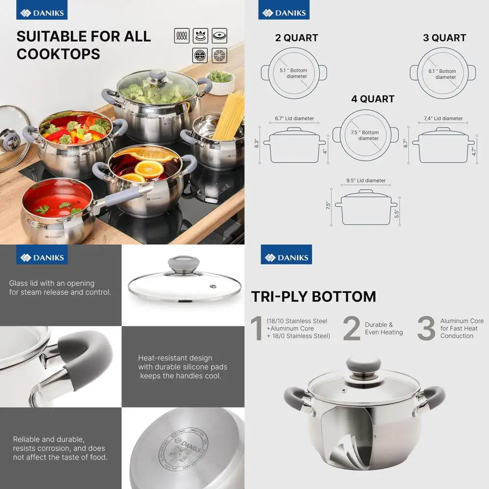 

Набор посуды из 10 предметов с защитой от пятен, стеклянными крышками, равномерным распределением тепла, подходит для индукционных плит, можно мыть в посудомоечной машине, термостойкий