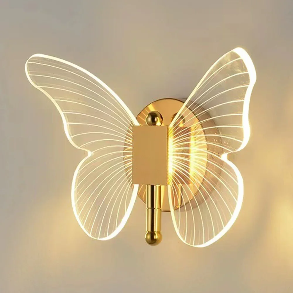 LED Butterfly Wall Lamp Interior Modern Metal Acrylic Wired Wall Lamp Tricolor Adjustment Bedside Wall Light Sconces Room Decor