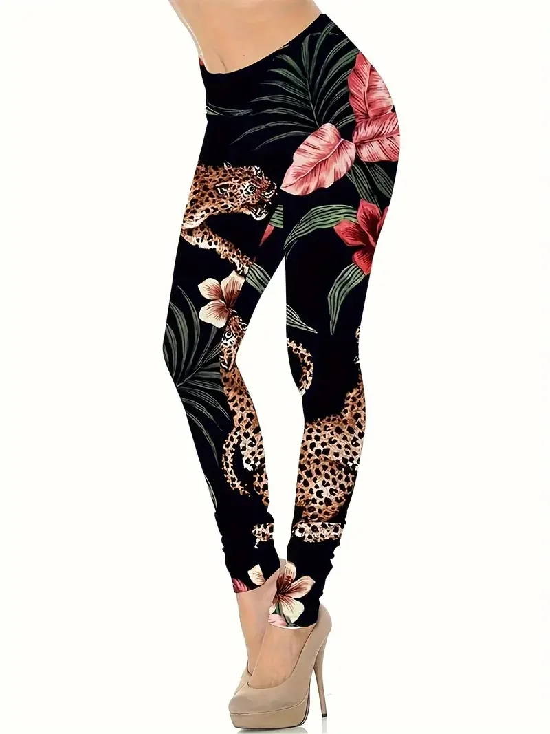 Leopard & floral print tight stretch elastic waist casual leggings for women