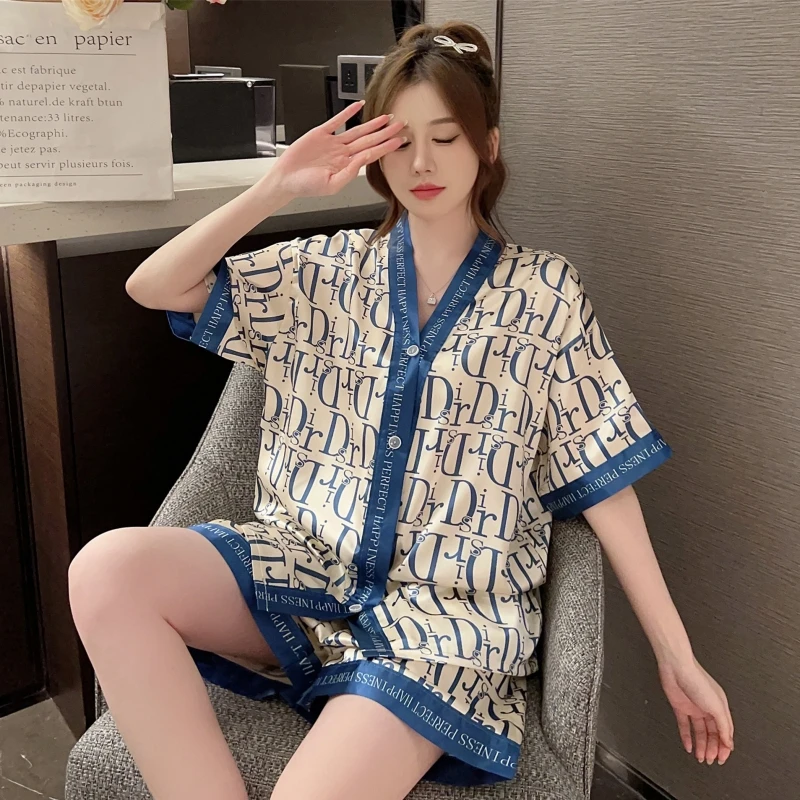 Women's Summer Thin Ice Silk Pajamas Set Short Sleeve Cardigan Shorts Casual Print Home Suit Ladies Luxury Sweet Loungewear
