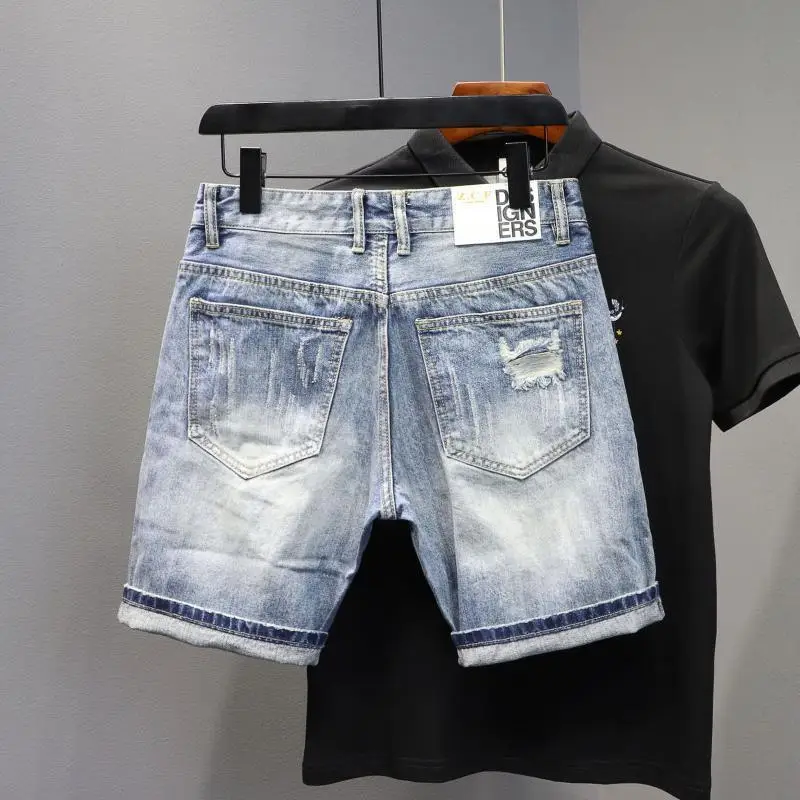 Denim Shorts 2025 Men's Summer Thin Ripped Patch Beggar Pants Cat Whisker Needle Sewing Slim Small Feet Short Jean Medium Pants