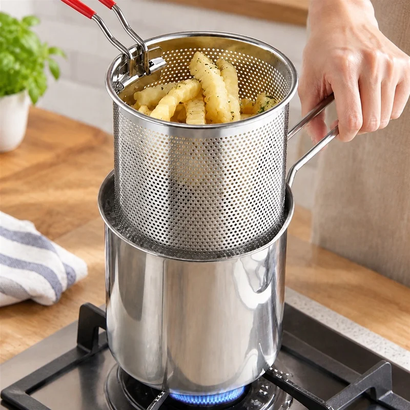 Home Kitchen Deep Fryer with Oil Strainer and Basket, Stainless Steel Compact Design for Crispy Fries and Wings