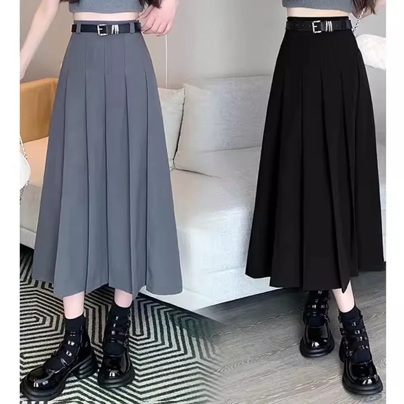 

2025 Vintage Solid JK Long Skirts for Women & Girls - Sweet A-Line Pleated Style with Zipper, Comfortable Elegant Leisure Skirts