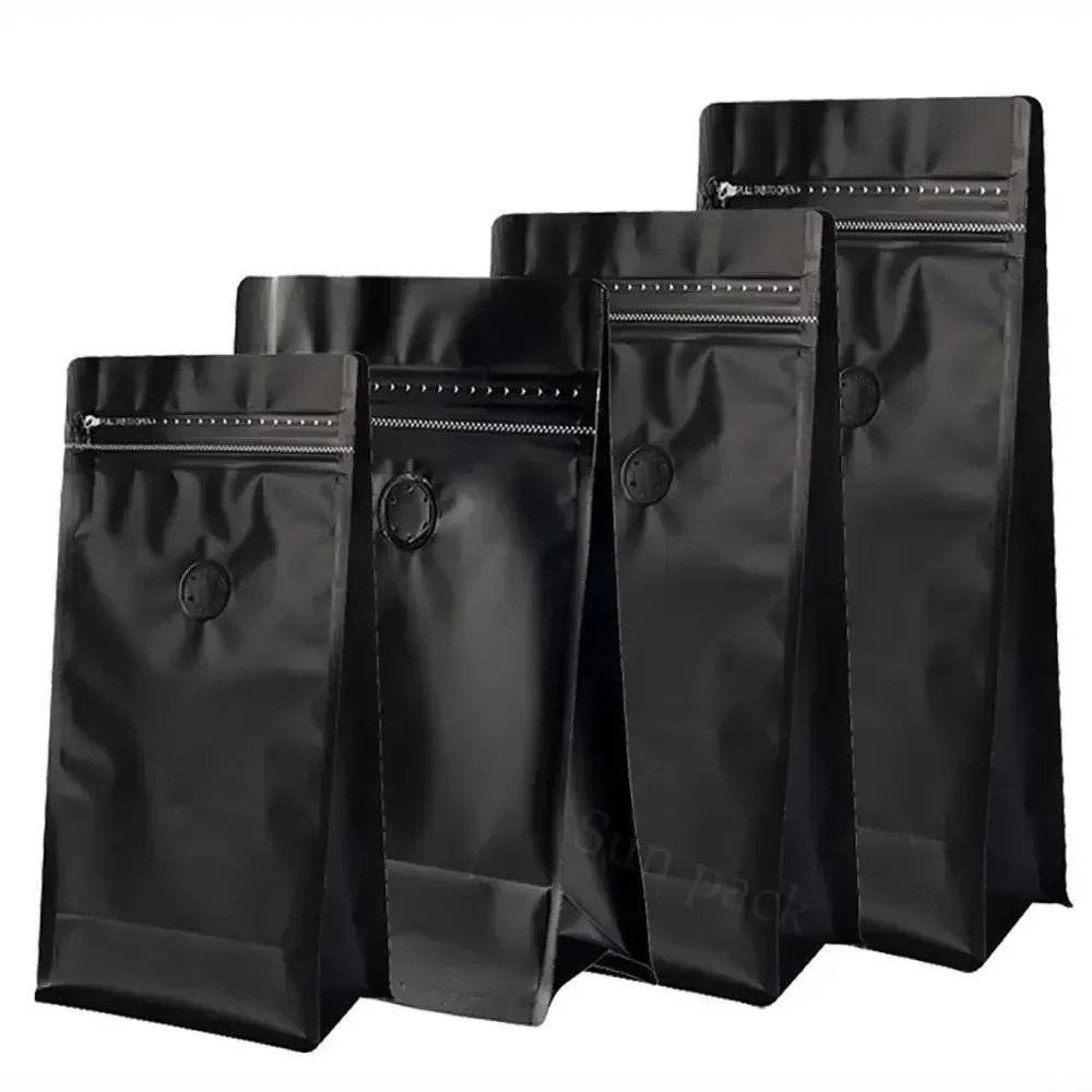 100pcs Matte Black Coffee Bean Powder Packaging Flat Bottom Bag with Valve and Zipper 250g 500g Aluminum Foil Storage Food Bag