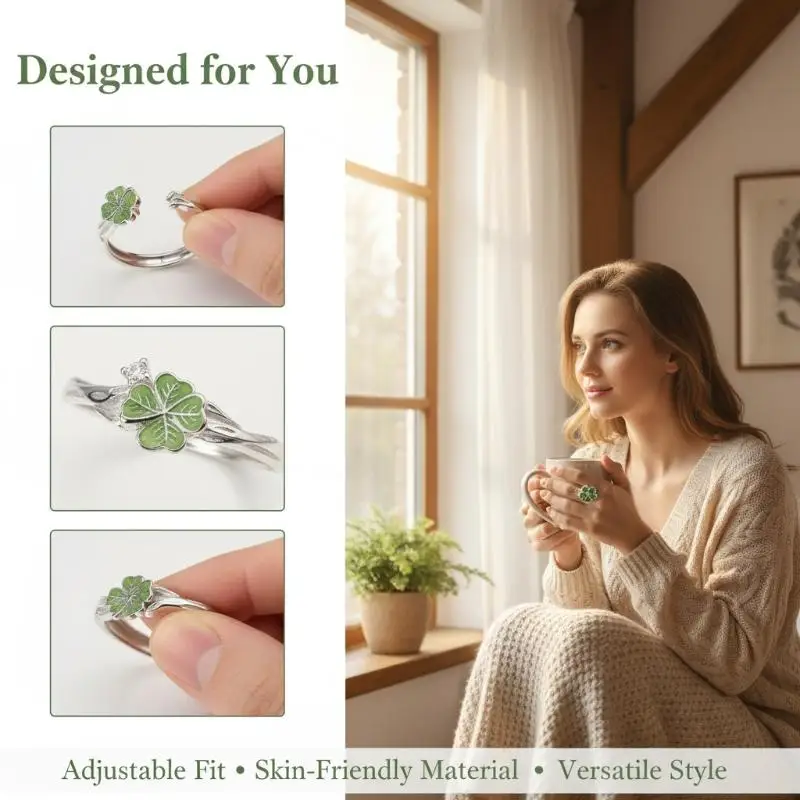 Vierblättriger Kleeblatt-Paarring für Frauen und Mädchen, Verstellbarer Offener Ring, Partyschmuck, Geschenk – Detail 4