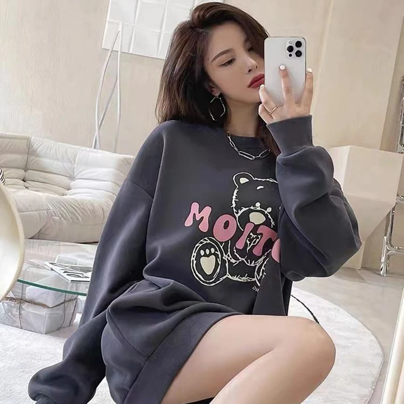 

2023 New Fashion Women's Streetwear Short Dress Round Neck Girls Winter Hoodies High Street Trend Retro Oversize Cute Cartoon