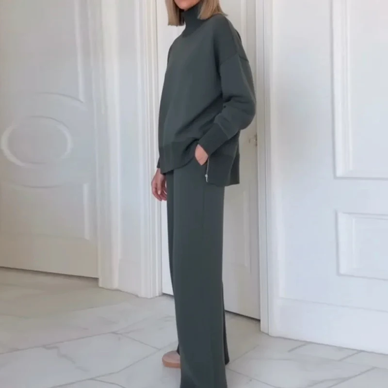 

Casual Solid Pocket Autumn Suit Fashion High Street Loose Outfit Lady Stand Collar Long Sleeved Sweatshirt and Pants 2 Piece Set