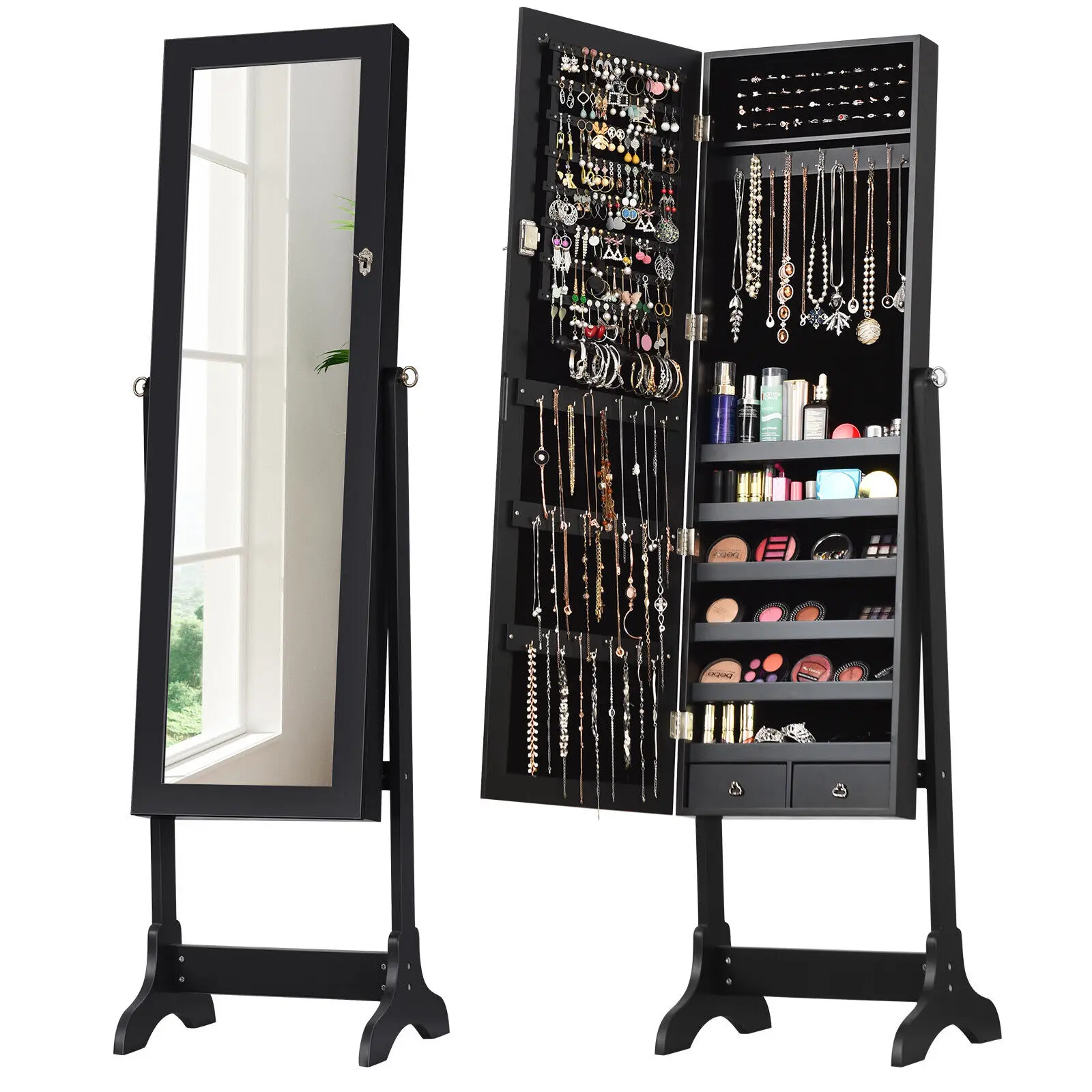 GOFLAME Jewelry Cabinet Freestanding Jewelry Cabinet Lockable Armoire Organizer w/Mirror