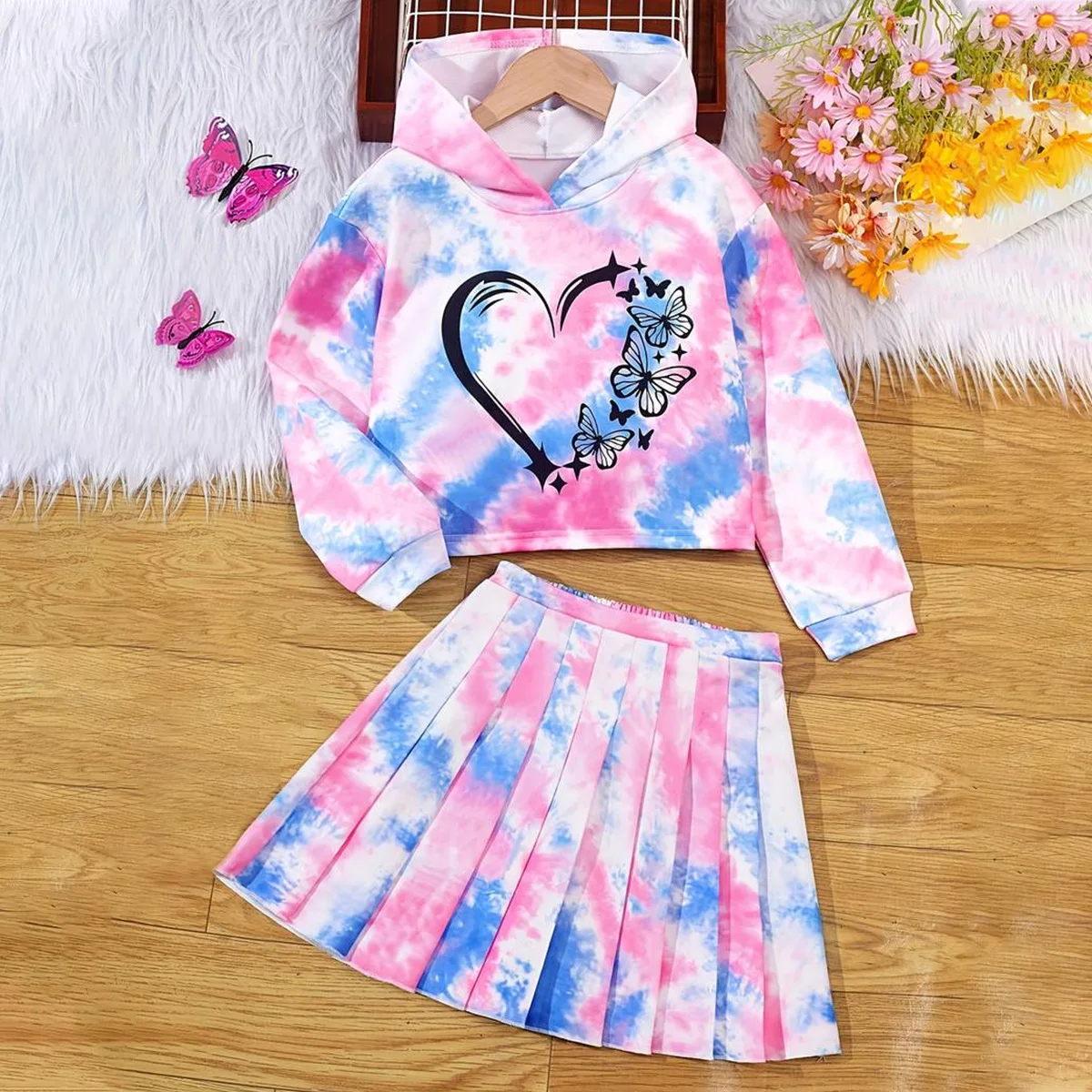 4-13Years Kids Girls Clothes Sets Long Sleeve Hoodies+Tie Dye Skirts Dress Children's Fashion Summer Clothing Outfits For Girl