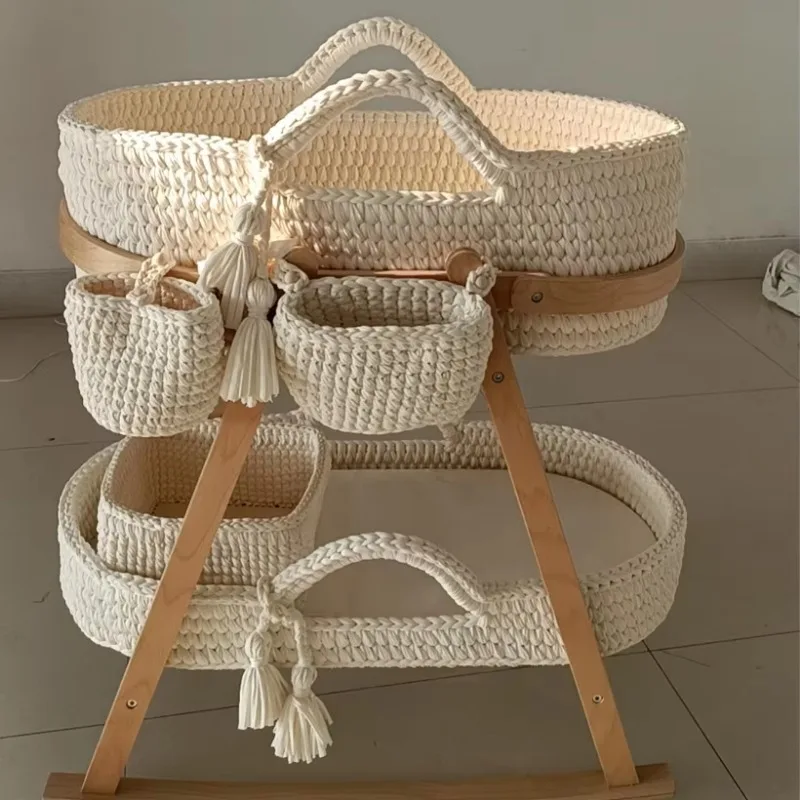 Handmade Crochet Baby Changing Basket, Cotton Moses Basket Dresser with Upholstered and Waterproof Cover