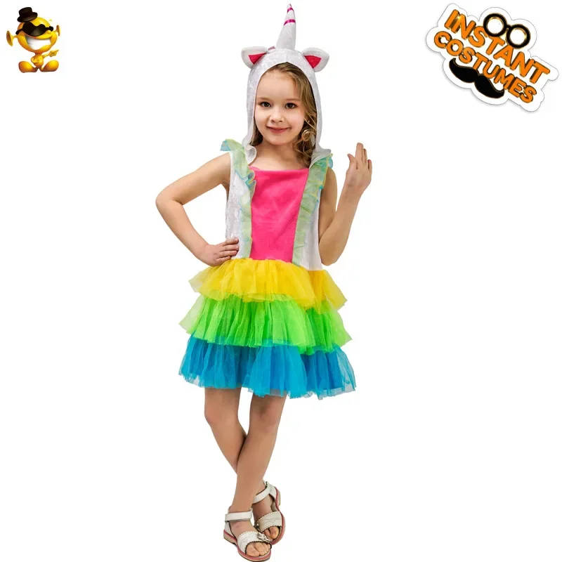 

Rainbow Unicorn Dress Girl Birthday Party Halloween Animal Cosplay Costume Princess Outfit Fancy Festival Clothes 2024