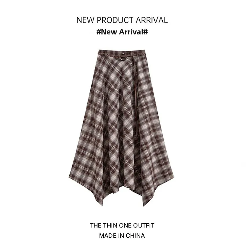 

Женская юбка-миди в клетку с высокой талией в американском стиле ретро, осенняя новая асимметричная универсальная юбка трапециевидной формы