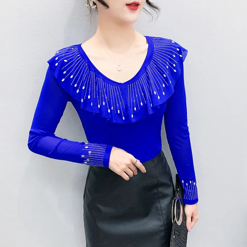 Elegant 2026 Autumn Mesh T-shirts For Women: Delicate Round Neck Top with Crystal-Embellished Ruffles and Chic Long Sleeves
