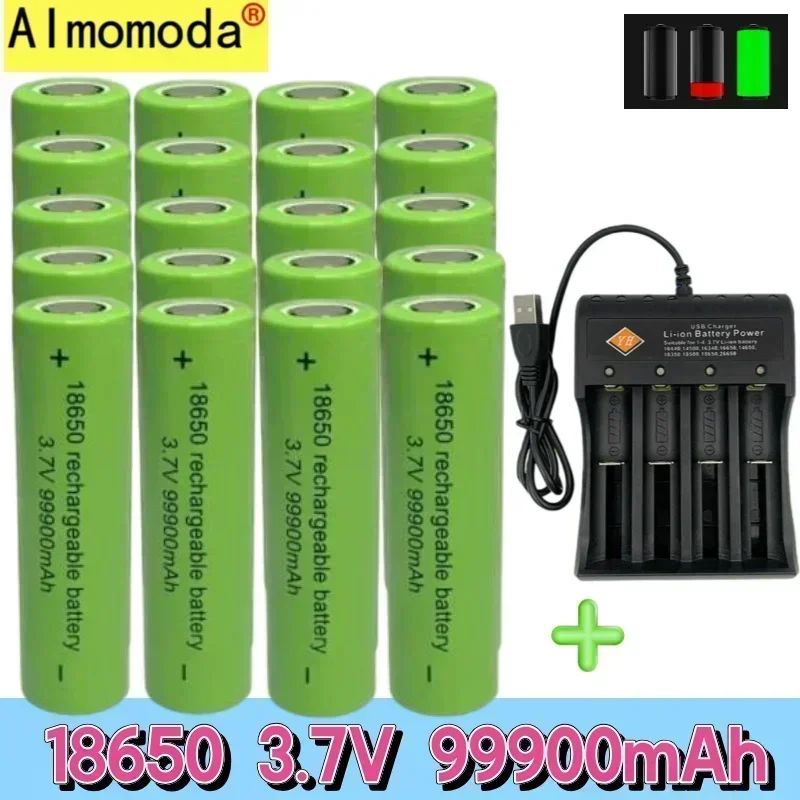 대용량 정품 18650 배터리, 99900Mah 3.7V + 충전기, 장난감 손전등 리튬 이온 충전지, 무료 배송 