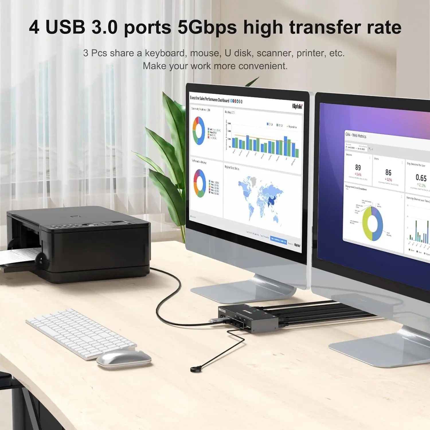 KCEVE 8K DisplayPort KVM Switch 2 Monitor 4 komputer, Monitor ganda saklar KVM untuk 4 komputer berbagi 2 Display 4 perangkat USB 3.0