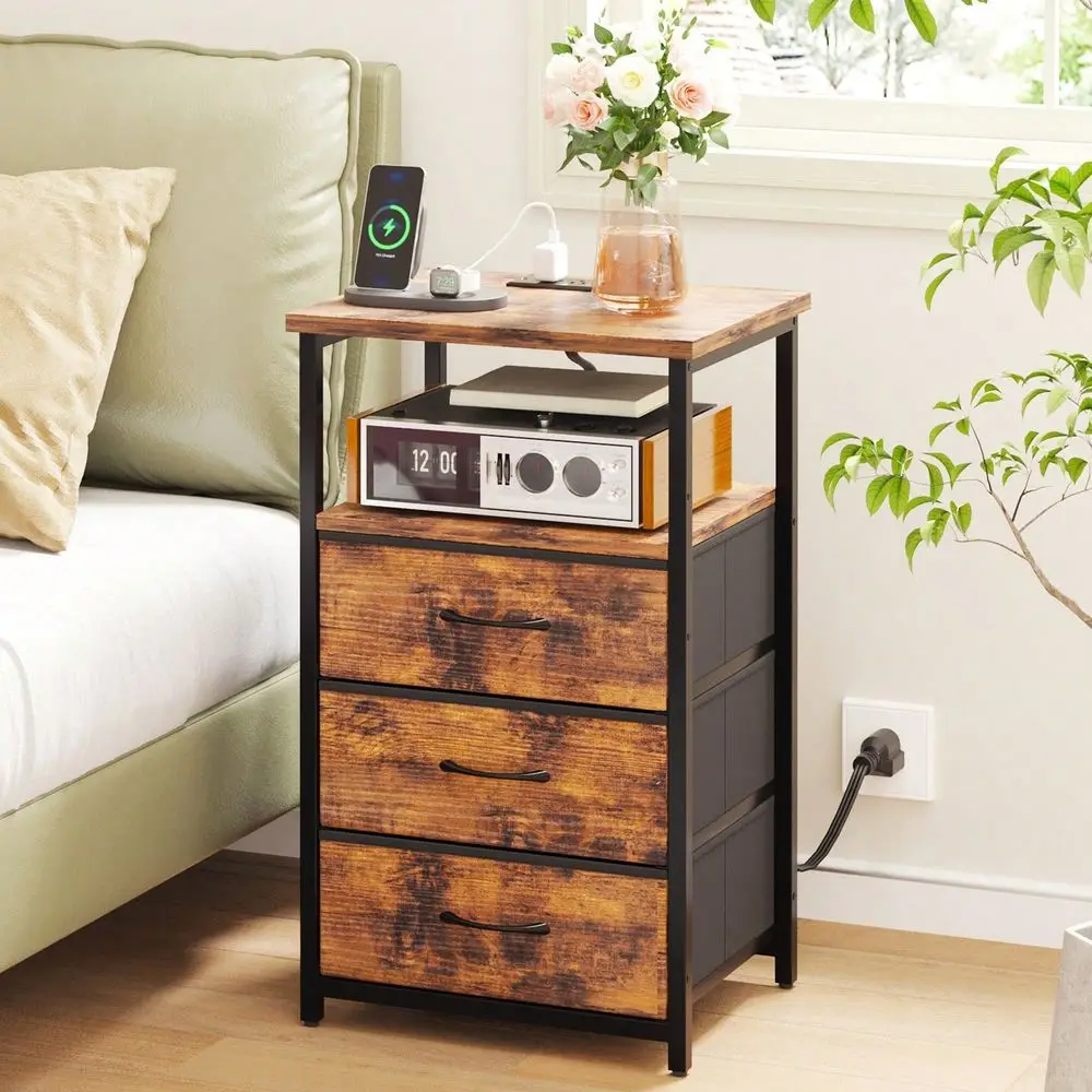 

Bedside Table With Charging Station, 3 Fabric Drawers Storage End Table, Modern Sofa Side Table For Bedroom Living Room, Perfec