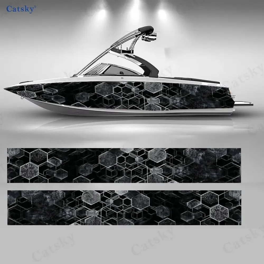2Pcs Cyber Honeycomb Texture Boat Stickers, PVC Waterproof Vinyl Wrap Decals for Fishing Boats, Durable and Stylish Design