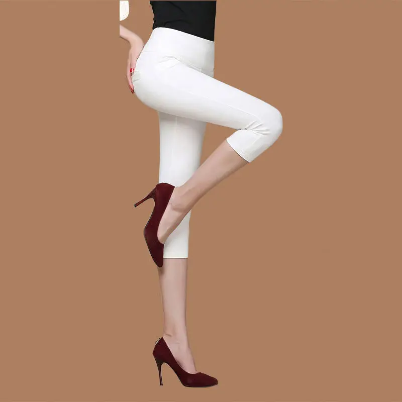 Pants Super Stretch Summer White thin Female Elastic Pants Calf length size XXXL Size Women Black Capris