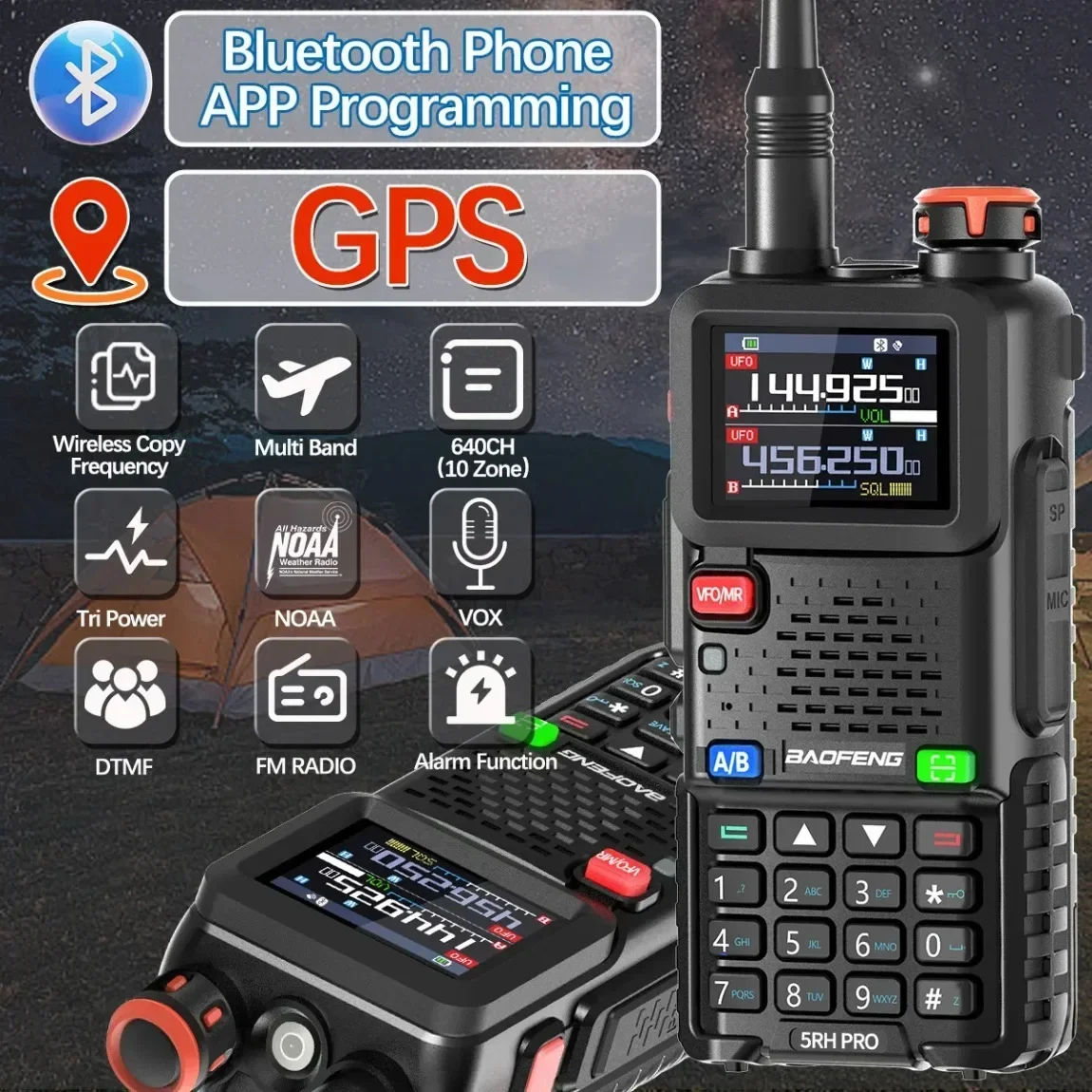 

BAOFENG UV-5RH PRO GPS Walkie Talkie Bluetooth Wireless APP Programming 10W Multi Band Long Range Type-C AM Ham Two Way Radio