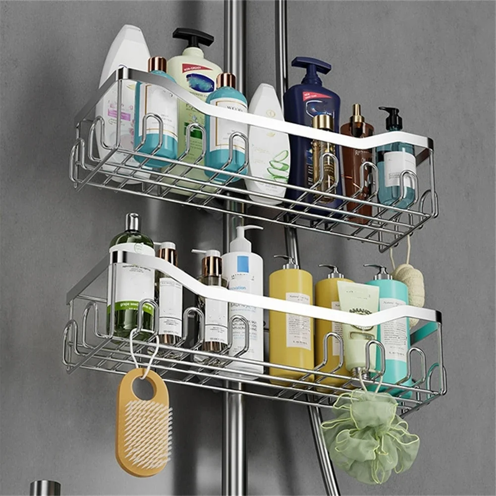 1pc Bathroom Shelves Shampoo Tray Shower Storage Holder Pole Shelve Lifting Rod Rack Stainless Steel Bathroom Storage Shelf