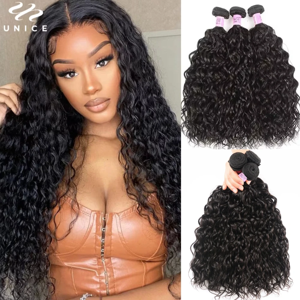 

Unice Hair Water Wave Human Hair Bundles 3/4 PCS Deal Natural Color 100% Human Hair Sew In Bundles Quick Weaves 8-26inch