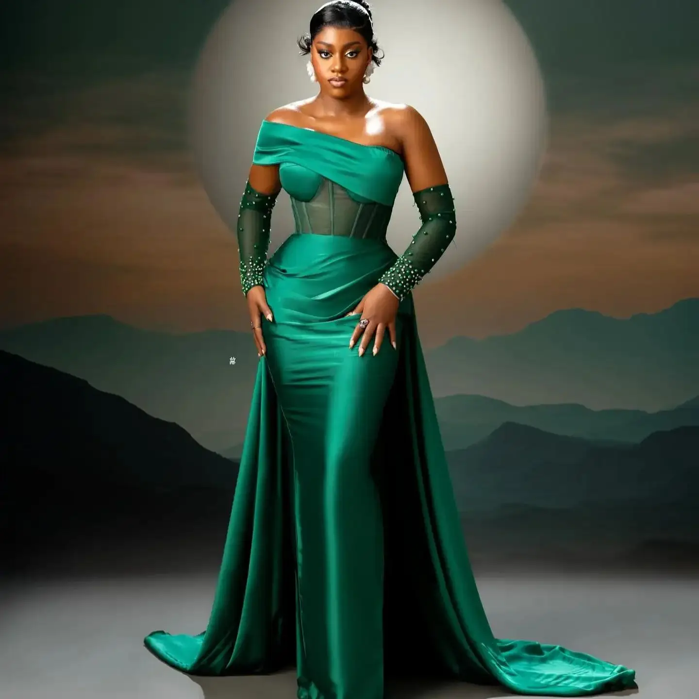 Vestido de fiesta de sirena de satén verde con cuentas en la manga con tren Aso Ebi Esmeralda Estilo sudafricano Vestidos de noche con hombros descubiertos