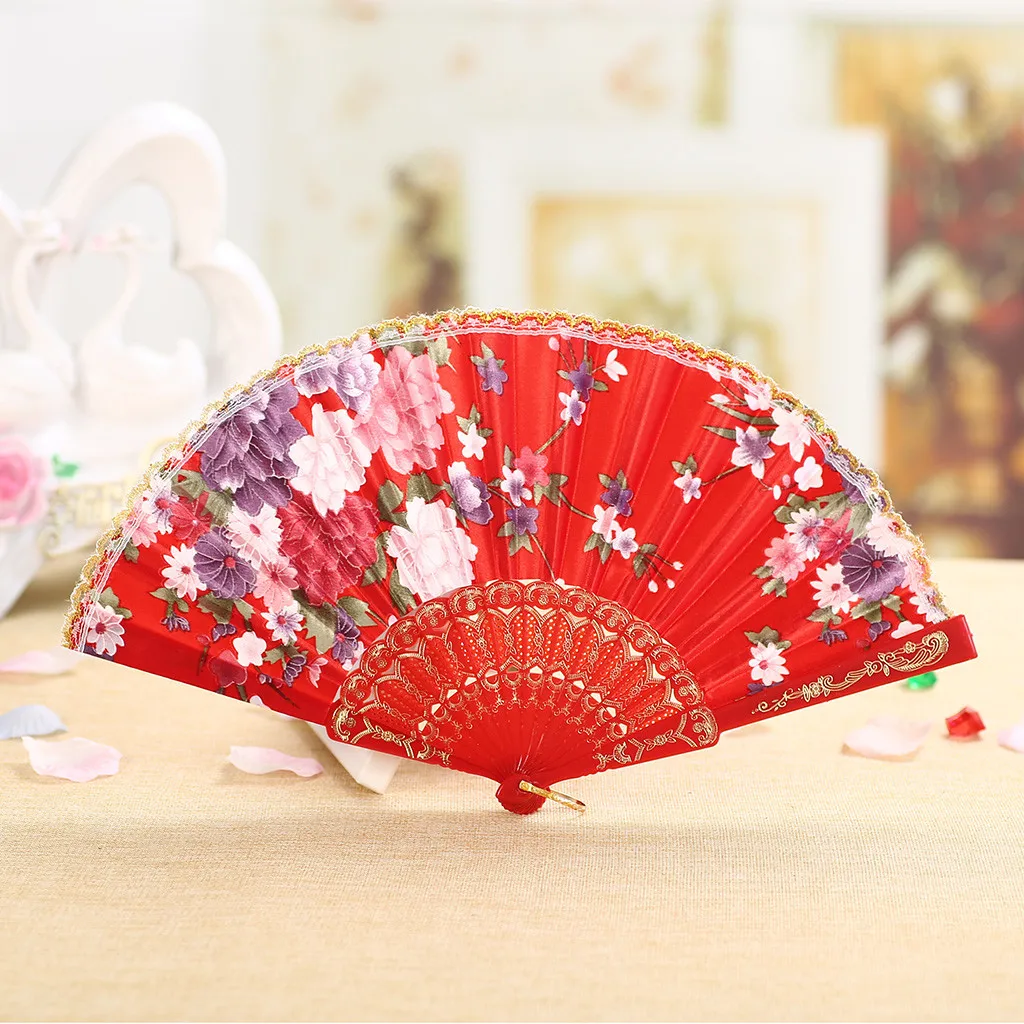 Floral Folding Hand Fan Vintage Retro Silk Handheld Fan Lace Folding Fan Wedding Dancing Church Party Gift, Hand Held Flower Fan