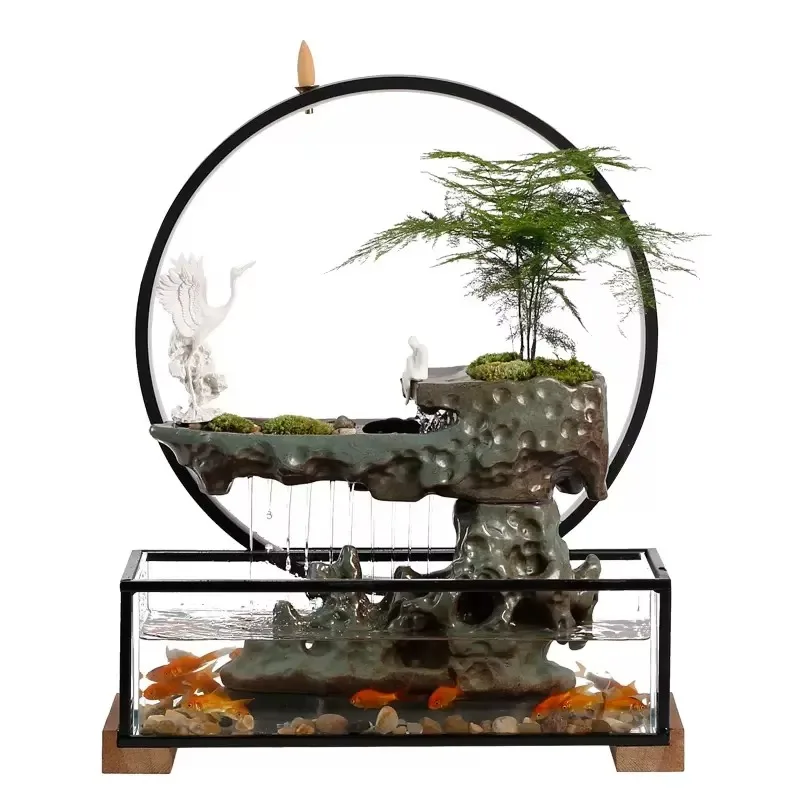 Ceramic Rockery Decorated Indoor Smoke Waterfall Fountain with Light Fish Tank for Home Office Desktop Decoration