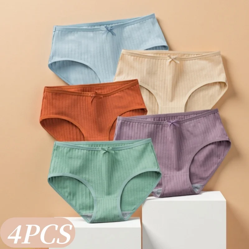 4Pcs/Set Ribbed Cotton Briefs Low Rise Mini Bow Decor Panties Comfy Breathable Casual Underwear Soft Daily Intimate M-XL