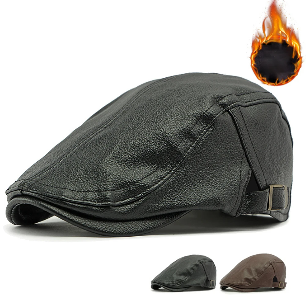 

HT4953 Berets for Men Women Thick Warm Autumn Winter Cap Male Female Ivy Flat Cap Artist Painter Beret Hat PU Leather Beret Caps