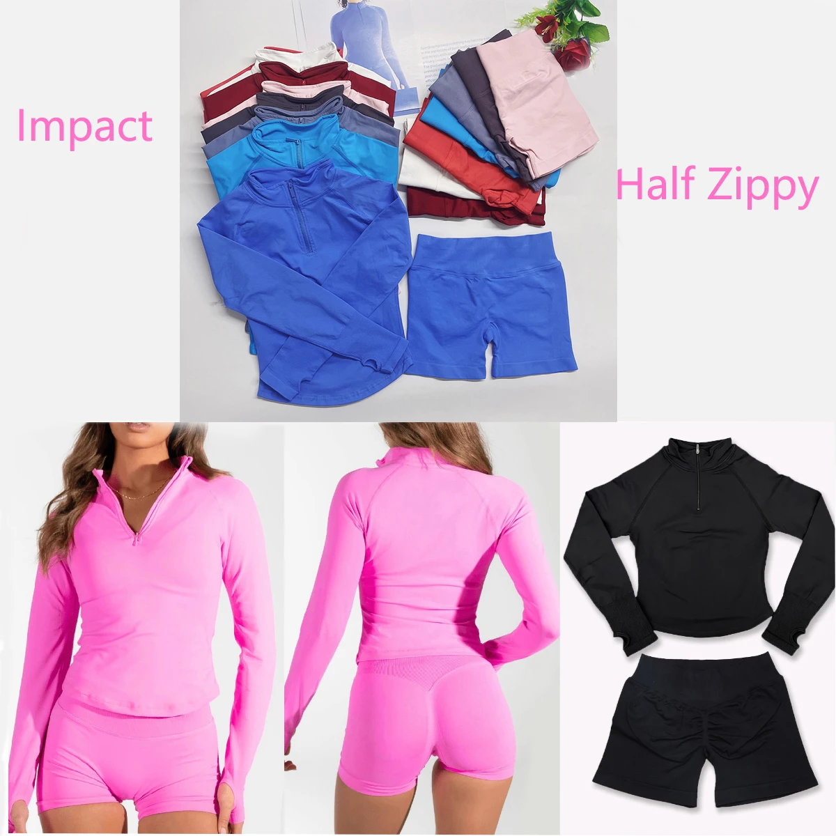 

Impact Half Zippy Gym Top shorts Running Shirt Women Yoga outfits Long Sleeve Sports clothing Gym Fitness Workout shorts set