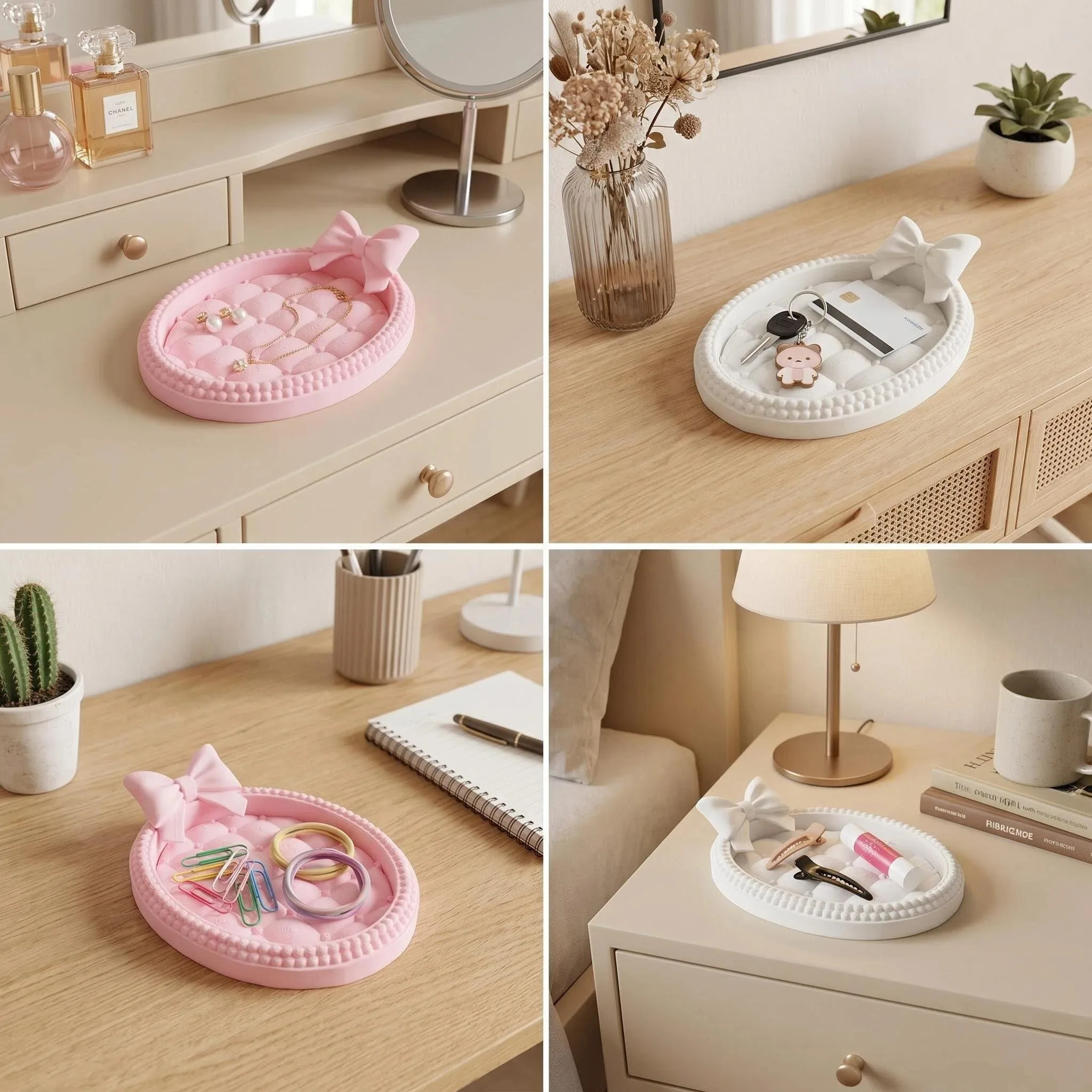 Bow Decor Jewelry Tray, Cute Oval Vanity Organizer, Pink & White Dresser Tray for Rings Earrings Necklaces Keys and Small Items view 3