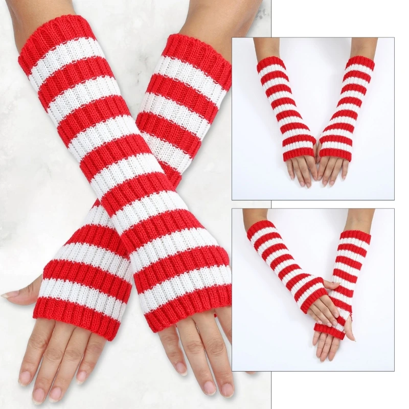 Women Lengthen Wrist Gloves Keep Warm Mittens Stripe Pattern Half Finger Gloves DXAA