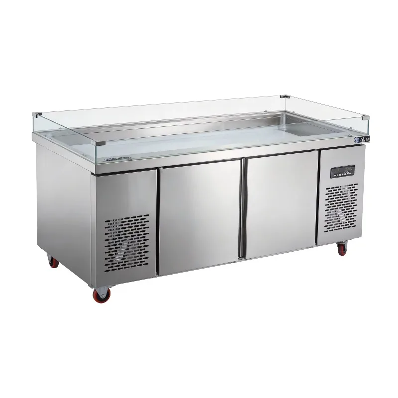 Brand new design 201 stainless steel commercial glass display cabinet refrigerator, suitable for restaurant use