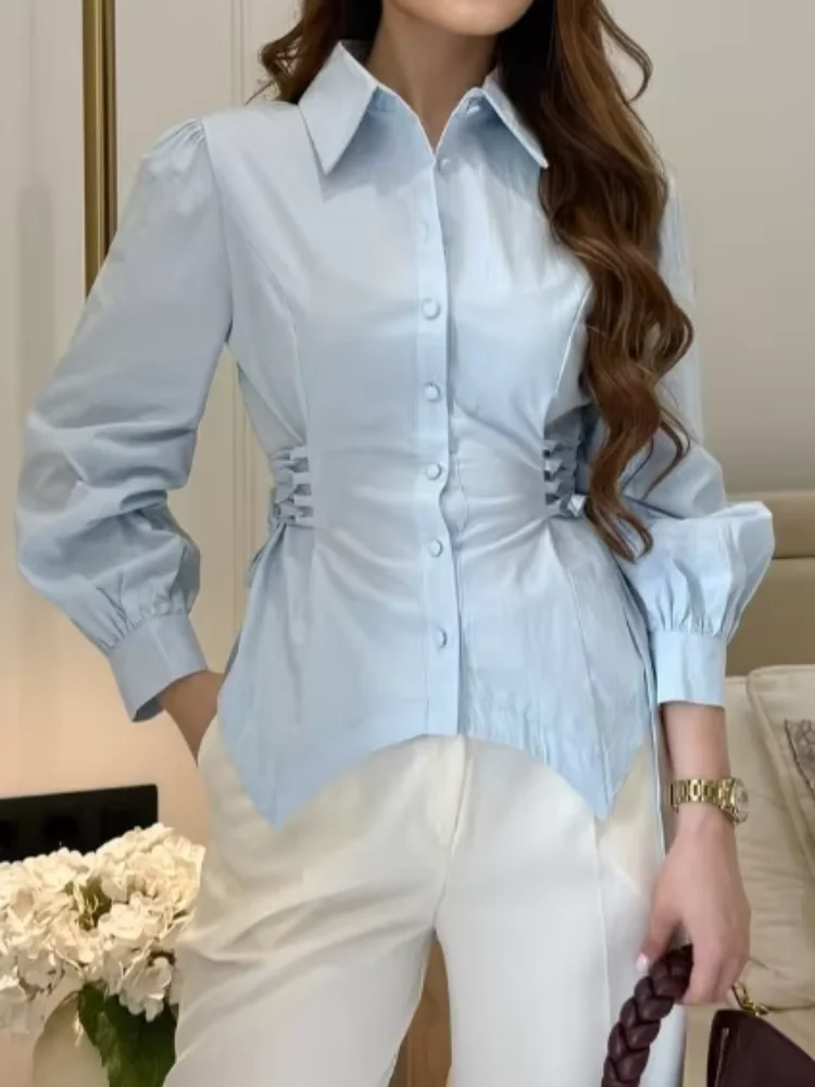 

Женская шикарная светло-голубая рубашка с завязками на талии и рукавами-фонариками, однотонная, асимметричная, с эффектом утяжки талии, в стиле High Street, 2026 Streetwear