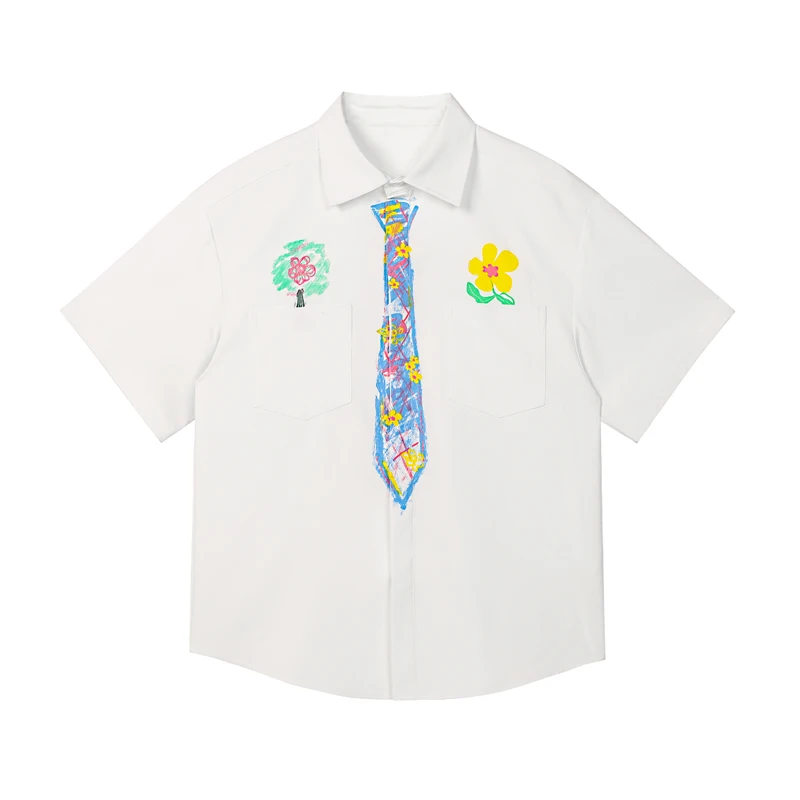 

Шикарная рубашка с короткими рукавами и рисунком мультфильма, дизайнерская рубашка с галстуком, белая рубашка в студенческом стиле, праздничные пляжные рубашки
