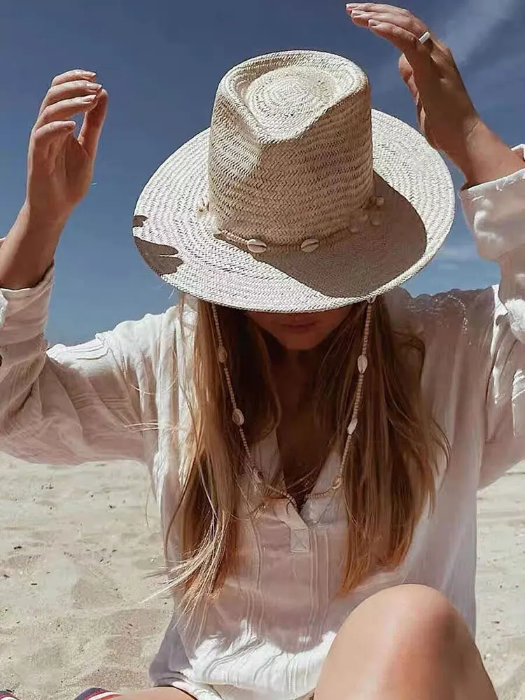 Summer Panama Hats For Women Sun Hat With Long Shell Conch Chain Straw White Black Jazz Caps Men Vintage Fedora Designer Hats