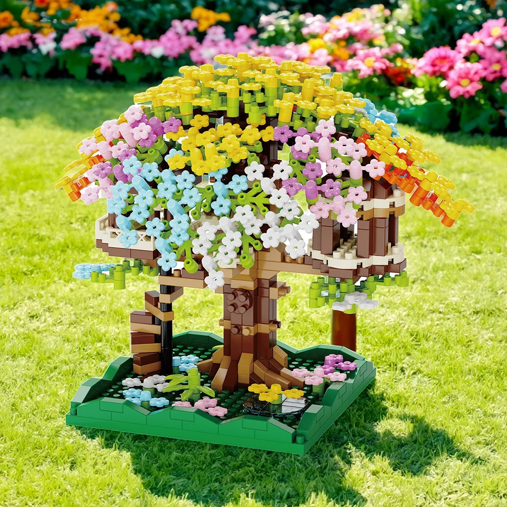 MOC-casa de flor de cerezo, modelo de bloques de construcción, rompecabezas, artículo de decoración, ladrillos de árbol de arcoíris, rompecabezas, juguete DIY, regalo para niños