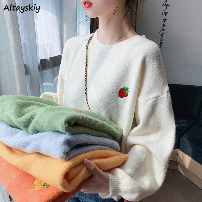 

Pullovers Women Cozy Simple Sweet Students Embroidery Pullover Sweaters Lazy Warm Knit Streetwear Daily Female All Match Fashion