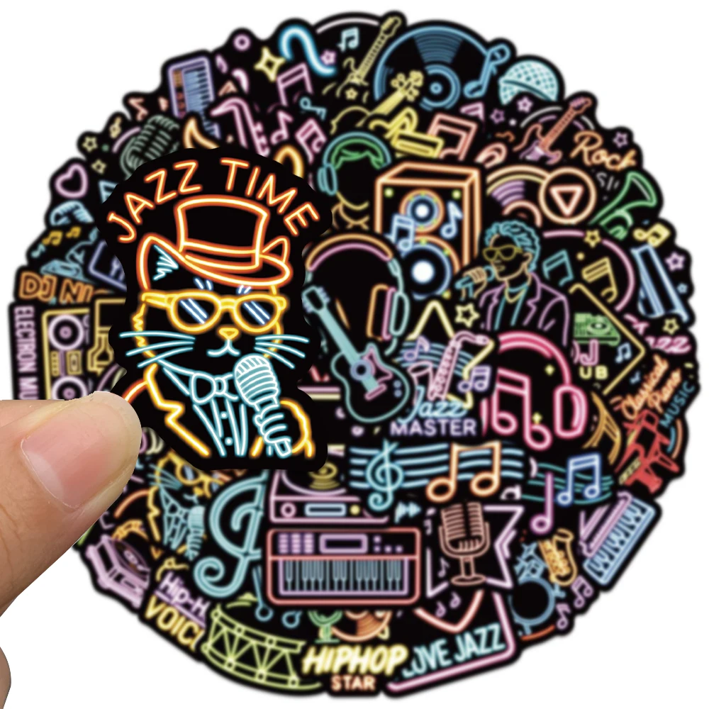 50pcs Neon Music Sticker Retro DJ & Musical Instrument Aesthetic Decal for Phone Case Laptop Guitar Skateboard Music Party Gift