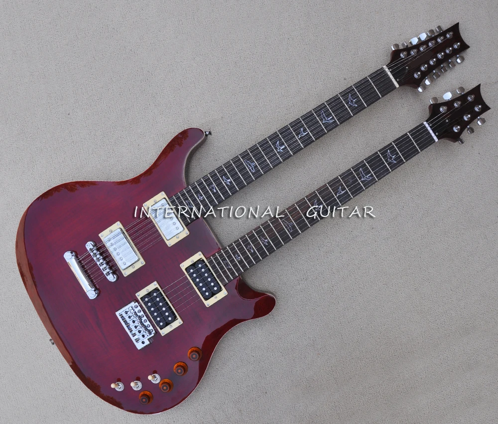 

12+6 Strings Red Brown Double Necks Electric Guitar with Rosewood Fretboard,Can be Customized