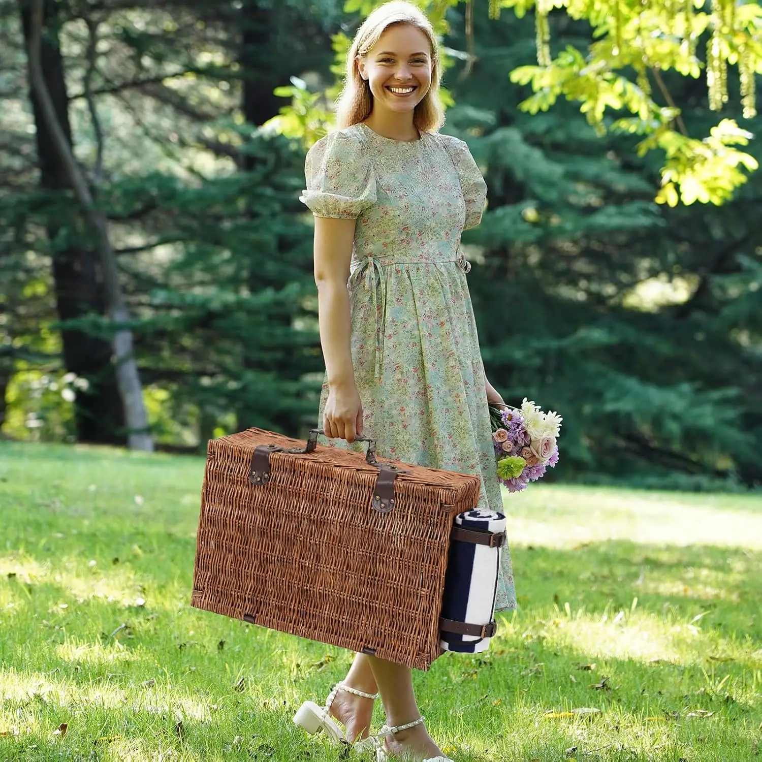 سلة نزهة صفصاف كبيرة جدًا تتسع لـ 4 أشخاص أو أكثر، 22.85 بوصة × 15.35 بوصة مجموعة سلة نزهة من الخيزران الطبيعي المصنوع يدويًا #5