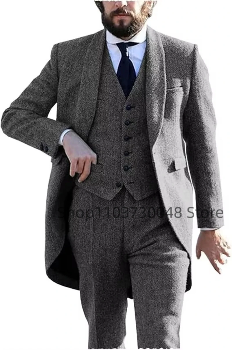 

Formal Mens Retro 3 Pieces Tweed Herringbone Suit Formal Slim Fit Tailcoat Blazer Vest Pants for Wedding Grooms Prom Party