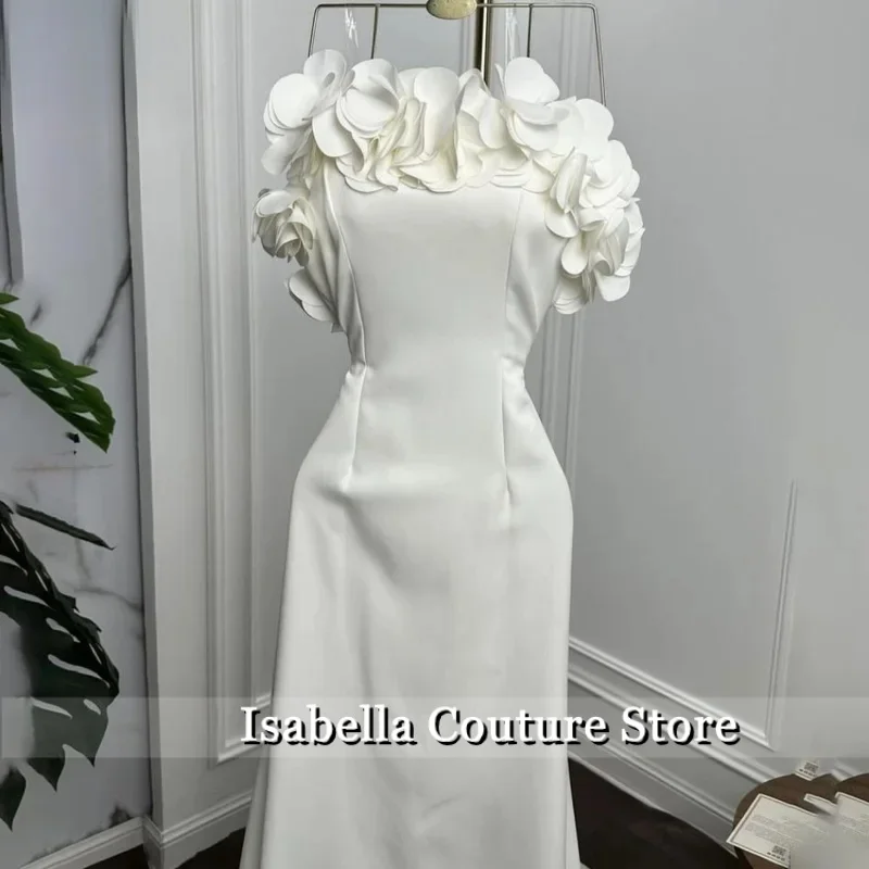 

Isabella White Party Dress Strapless Evening Dress Satin Pleats Evening Dresses With Flowers Trumpet Gala Dress Customized