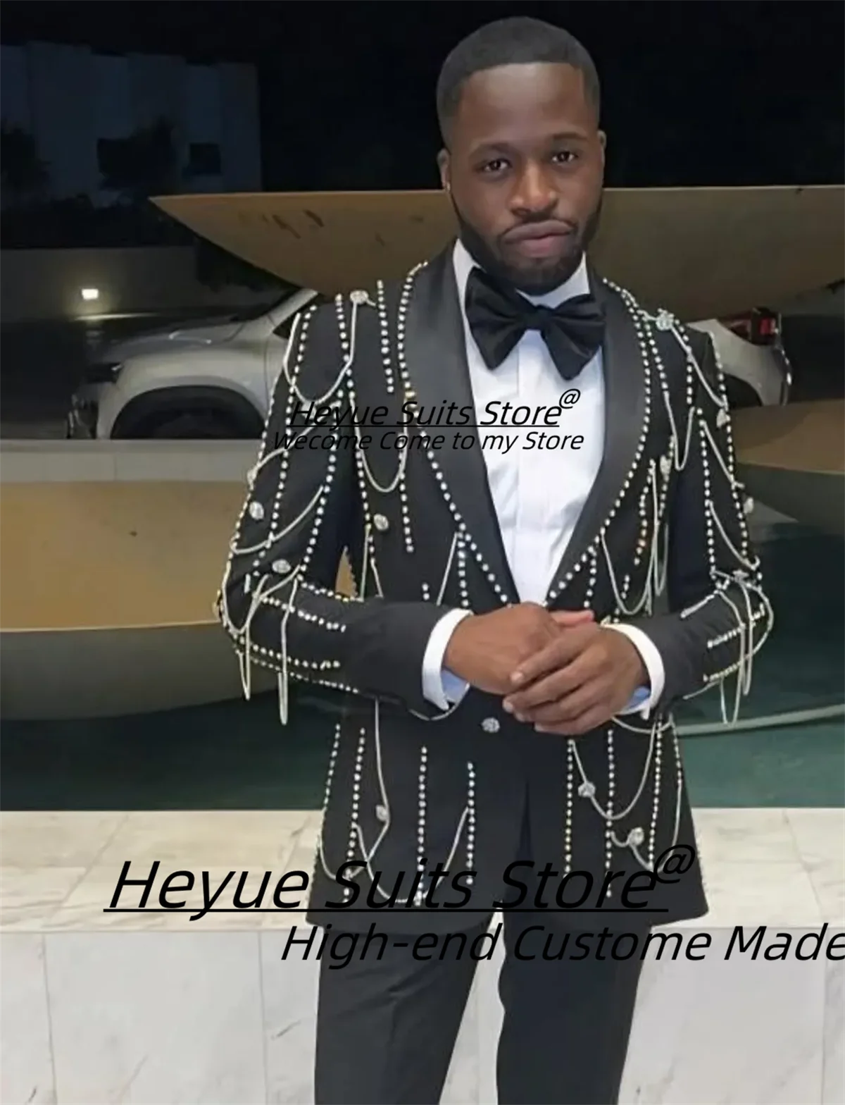 

Luxuly Pearl decoration Men Suits Customized Slim Fit Shawl Lapel Groom Wedding Tuxedos 2 Pcs Sets Male prom Blazers Ropa Hombre