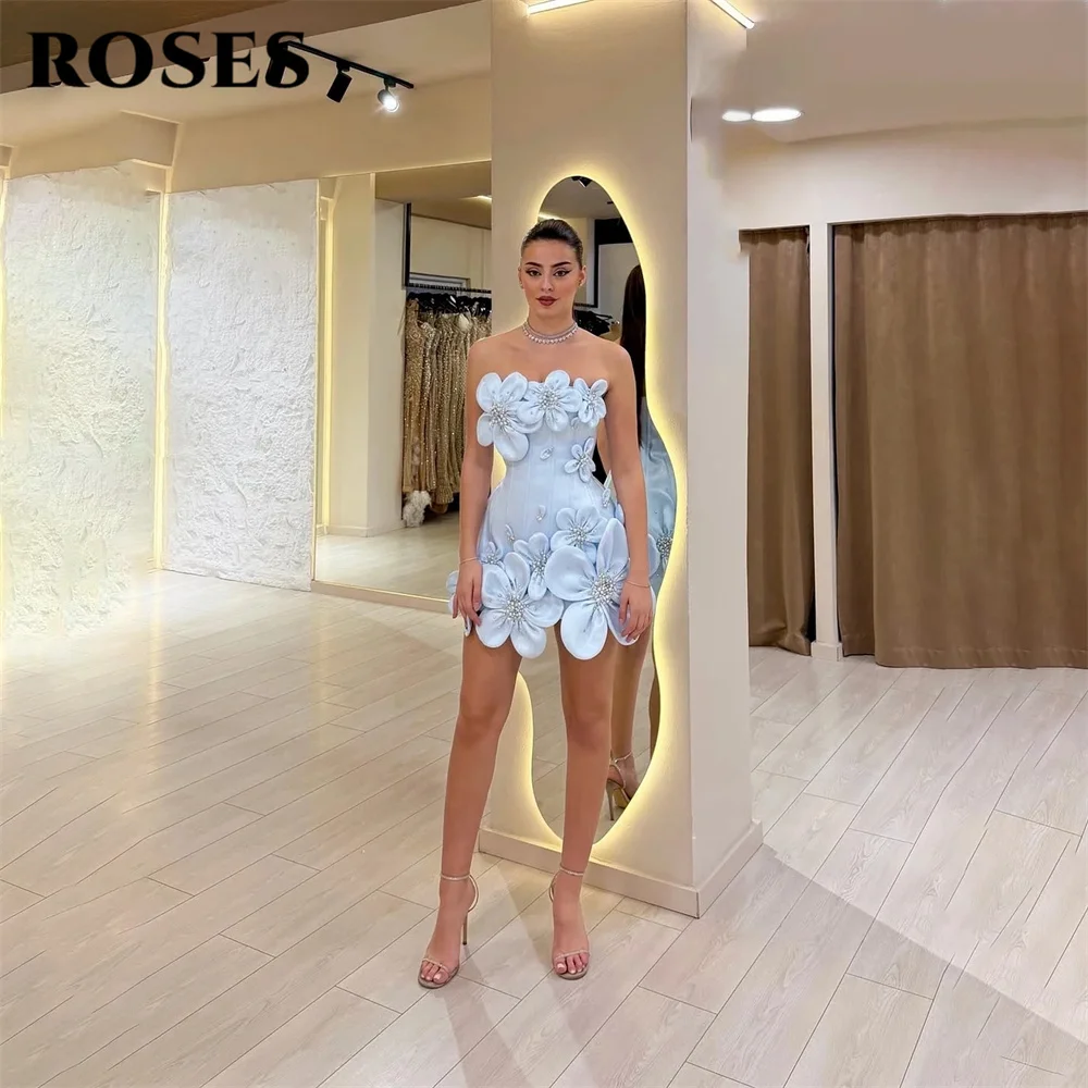 ROSES Blue Evening Gown Strapless Prom Dress Sleeveless Wedding Evening Dress with Flowers and Pearls robes de soirée Customized image 4