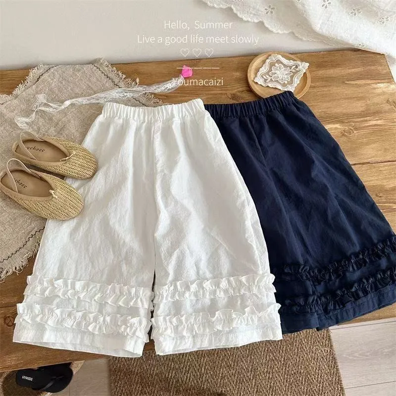 

Летние детские брюки для девочек 2026 года в корейском стиле, свободные повседневные прямые брюки, модные кружевные брюки с широкими штанинами для роста 80-120 см