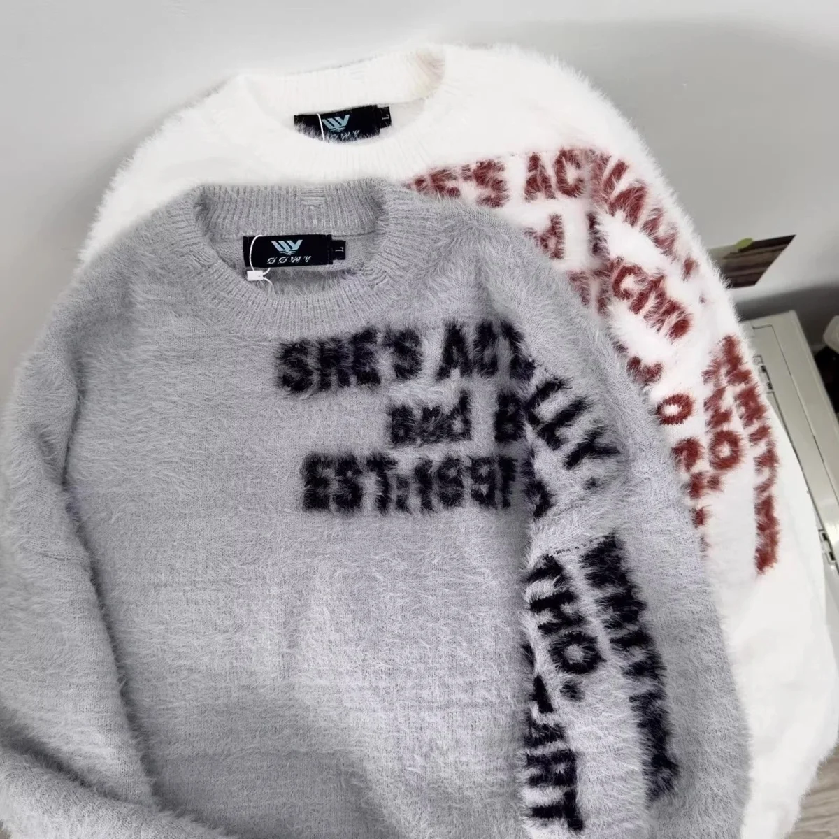 

American Retro Soft Faux Fur Sweater Loose Lazy Couple Knitted irt Men's Creative Embroidery Letter Design Casual Autumn Wi...