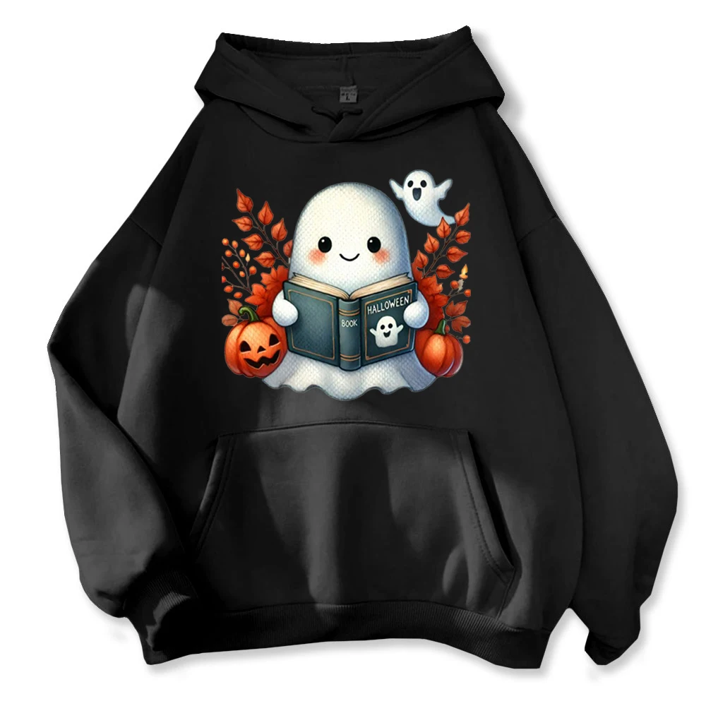 Halloween Special - Cozy Hoodie with Ghostly Book & Pumpkin Charm Hoodies Customizable Sweatshirt Women Men Clothing